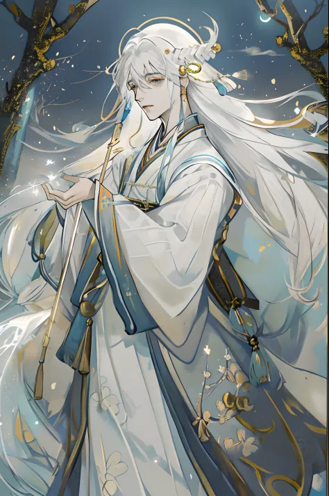 The male，Male，White Hanfu，long  white hair，Long flowing hair，Wide robe with large sleeves，Ancient wind，Solid color clothes，The c...