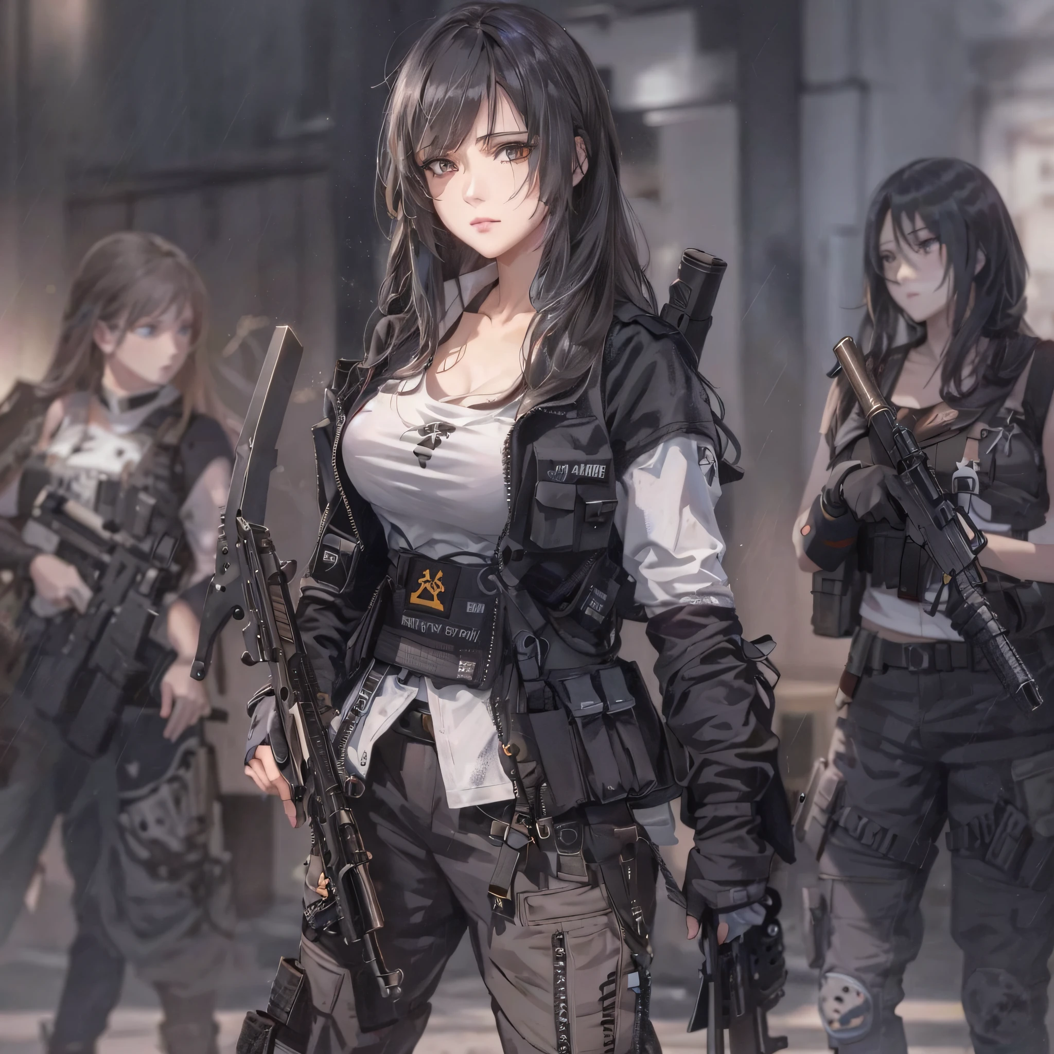 Три женщины с оружием стоят бок о бок, M4 Sopmod II Girls Frontline,  девушки в переднем стиле, artwork in the style of Гувейз, Девушка-механизированный  солдат - SeaArt AI