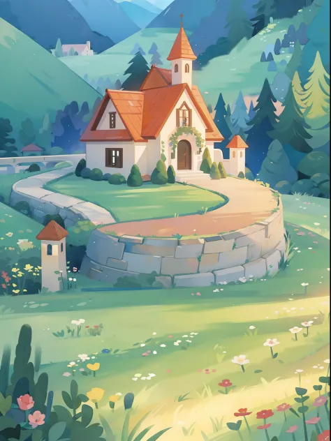 watercolor storybook illustration, hidden huge whimsical asymmetrical castle, warm colors, colorful flower garden, overgrown vin...