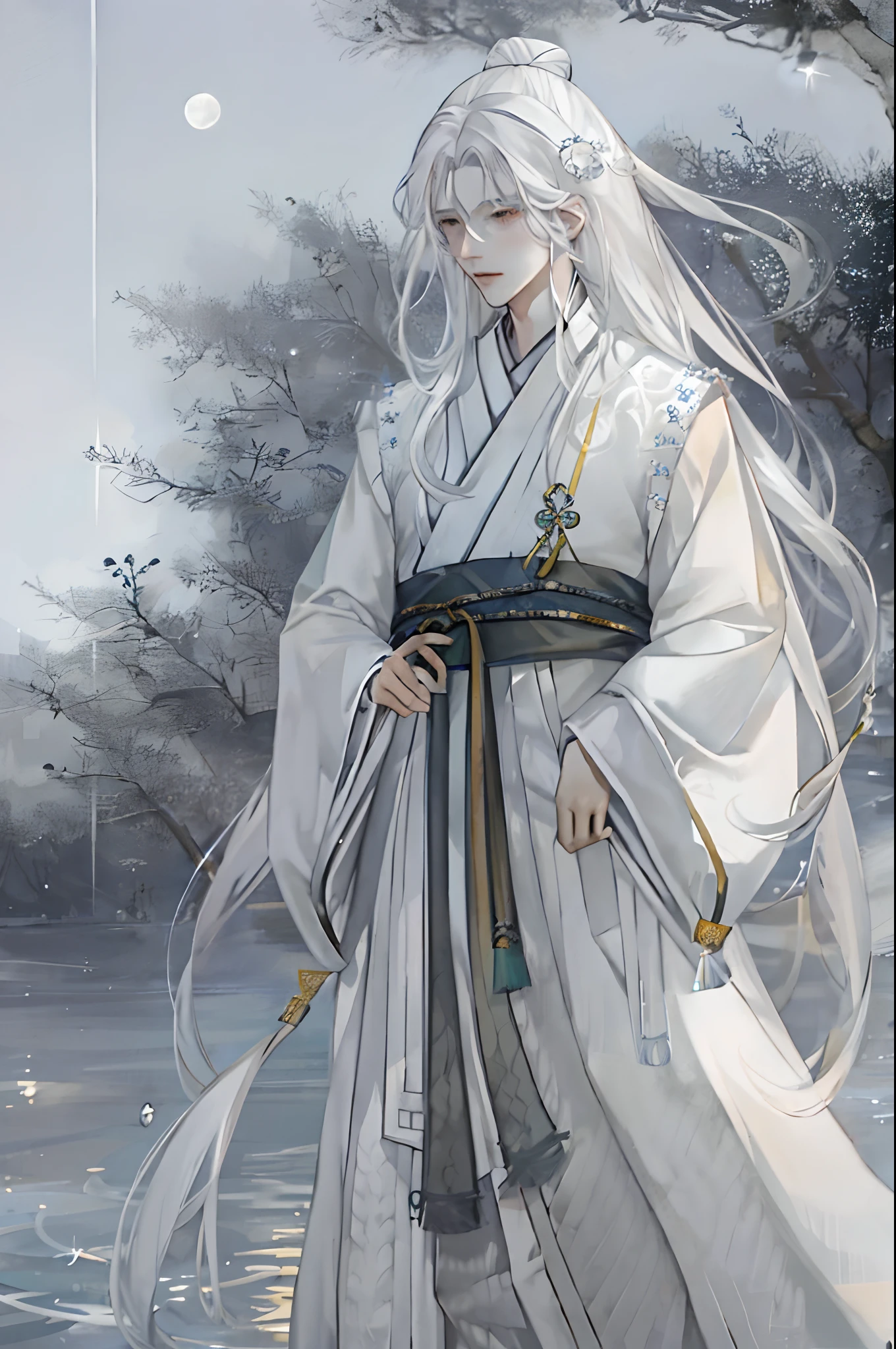 The male，Male，White Hanfu，long  white hair，Long flowing hair，Wide robe with large sleeves，Ancient wind，Solid color clothes，The clothes do not have any patterns，laughingly，softlighting，water ink，Behind it is the full moon，low-saturation，low-contrast，led floodlights