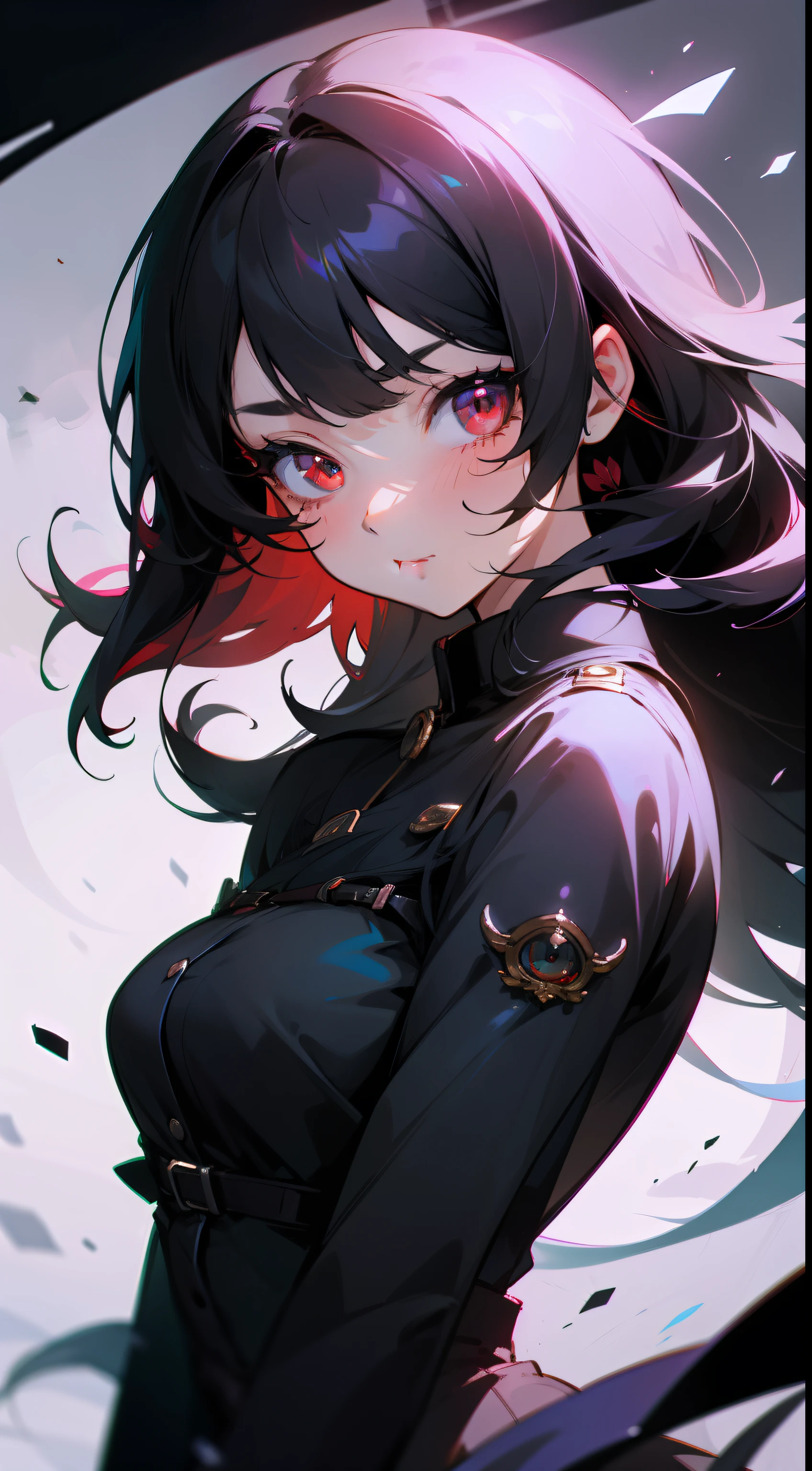 Chica anime con cabello largo y negro y ojos rojos en un vestido negro -  SeaArt AI