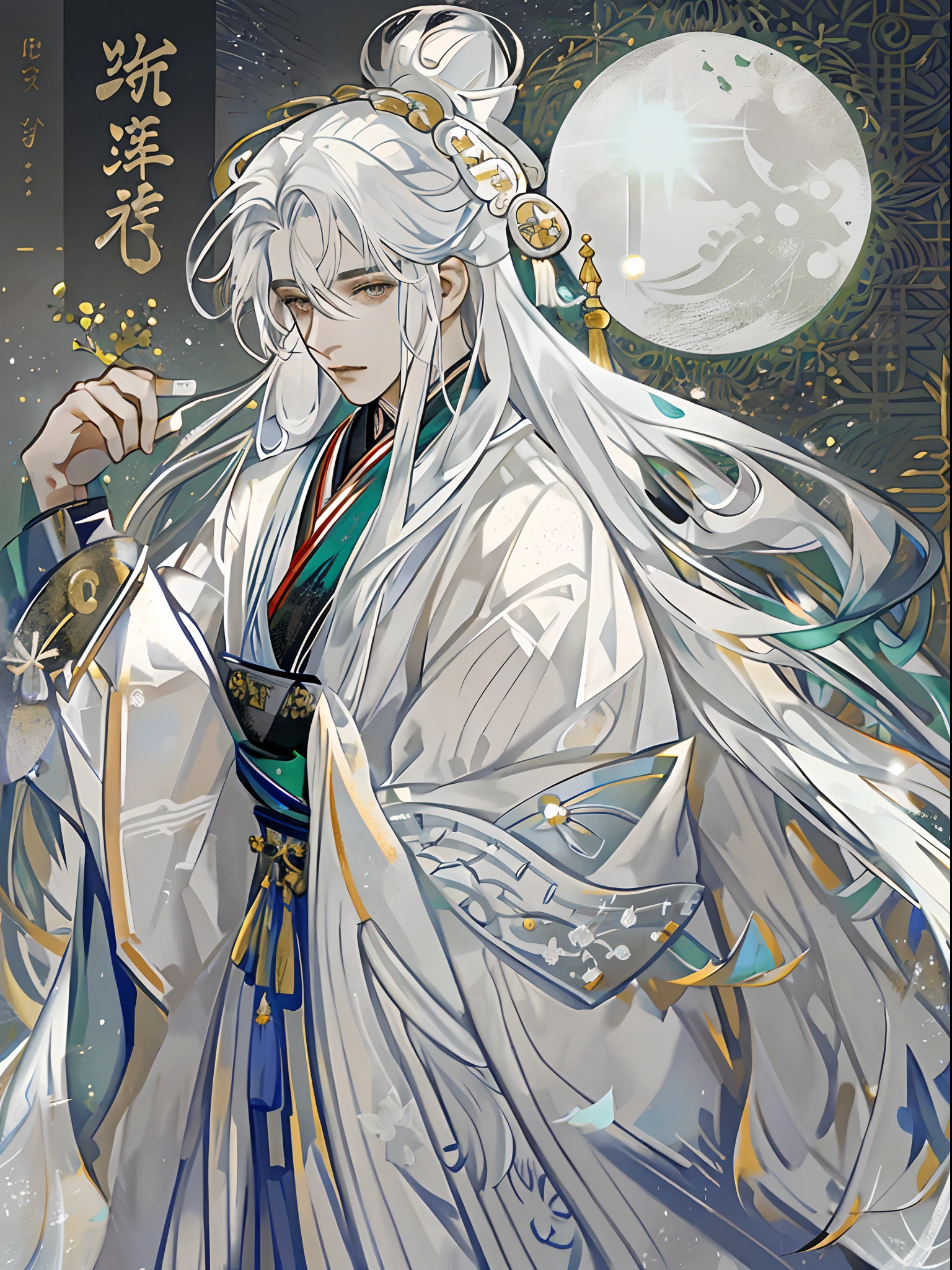 The male，Male，White Hanfu，long  white hair，Long flowing hair，Wide robe with large sleeves，Ancient wind，Solid color clothes，The clothes do not have any patterns，laughingly，softlighting，water ink，Behind it is the full moon，low-saturation，low-contrast，led floodlights