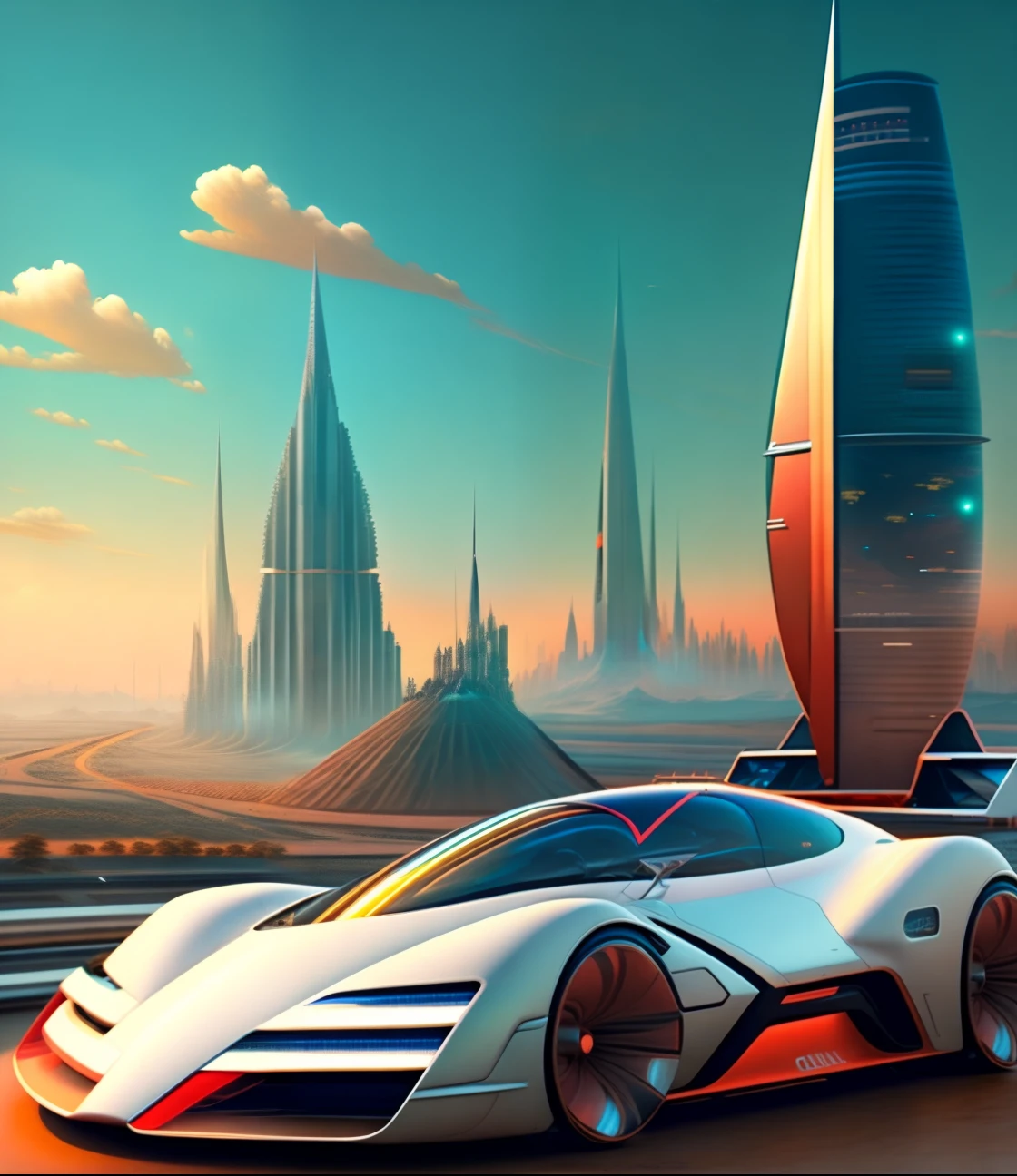 "The car, lush urban landscape,, midjourney, vibrant vector art, Futuristic car front,The car is located at the top of the screen"