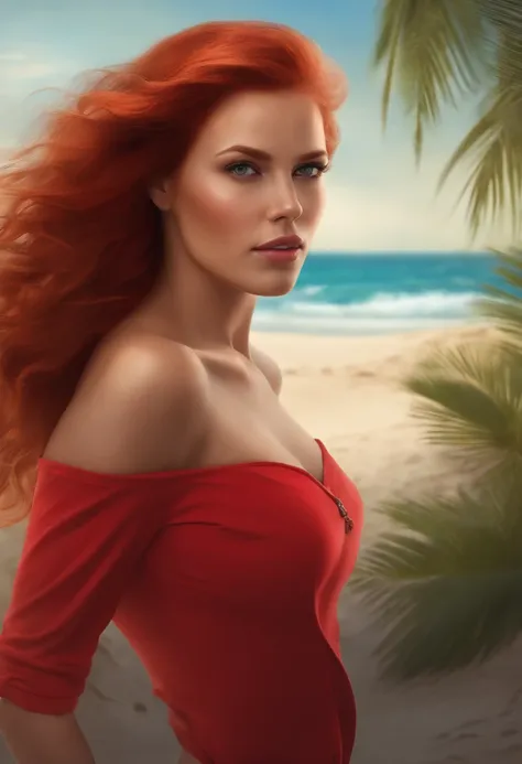 christina hendricks on a beach with a red on - SeaArt Al - Free Al Art  Generator