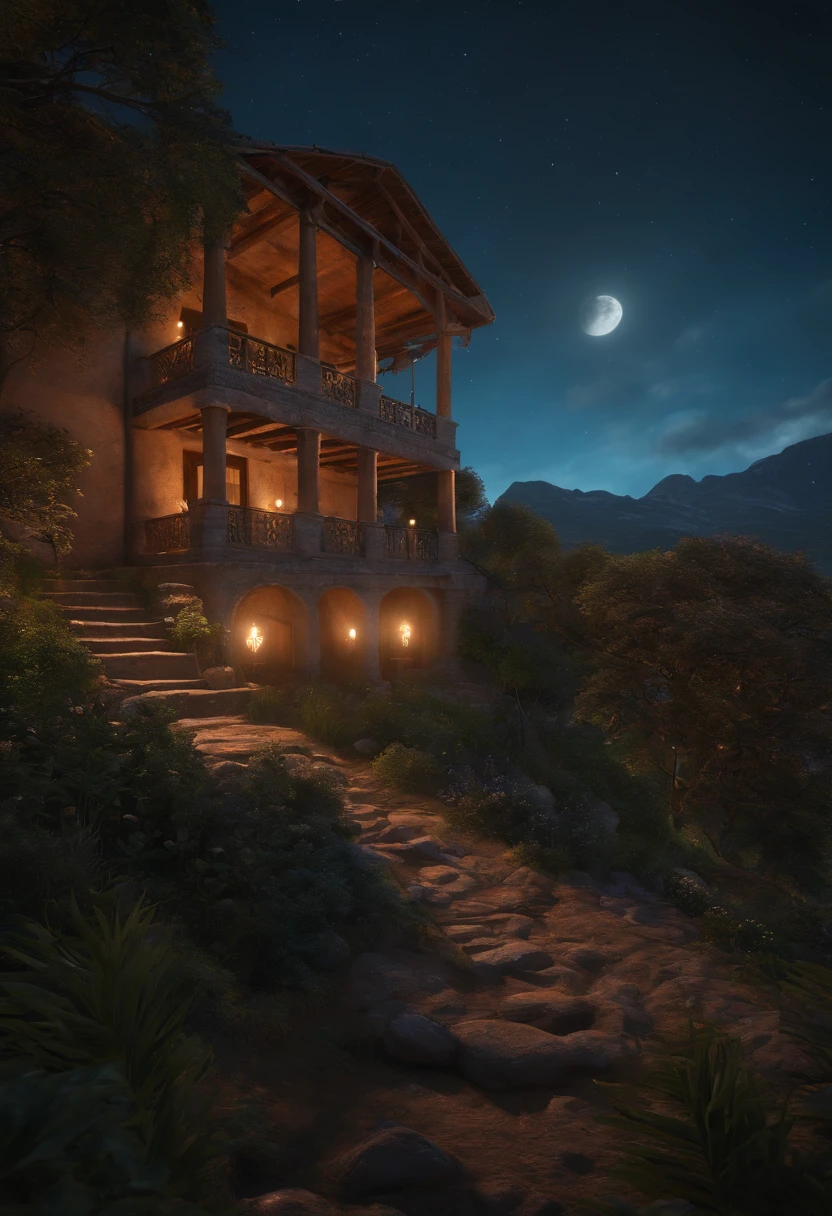 A house with a staircase leading to a porch at night - SeaArt AI