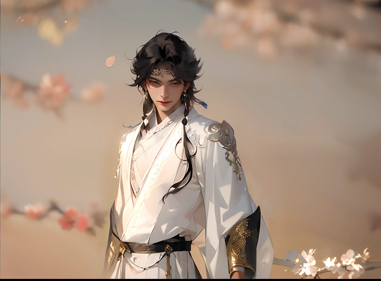 A man in Hanfu，Male，Man，Hanfu，cabelos preto e longos，choker necklace，Earrings，There are silver tattoos on the face，There are embroideries and sequins on the clothes，simplebackground，black-skinned，Dark  skin，Open placket
