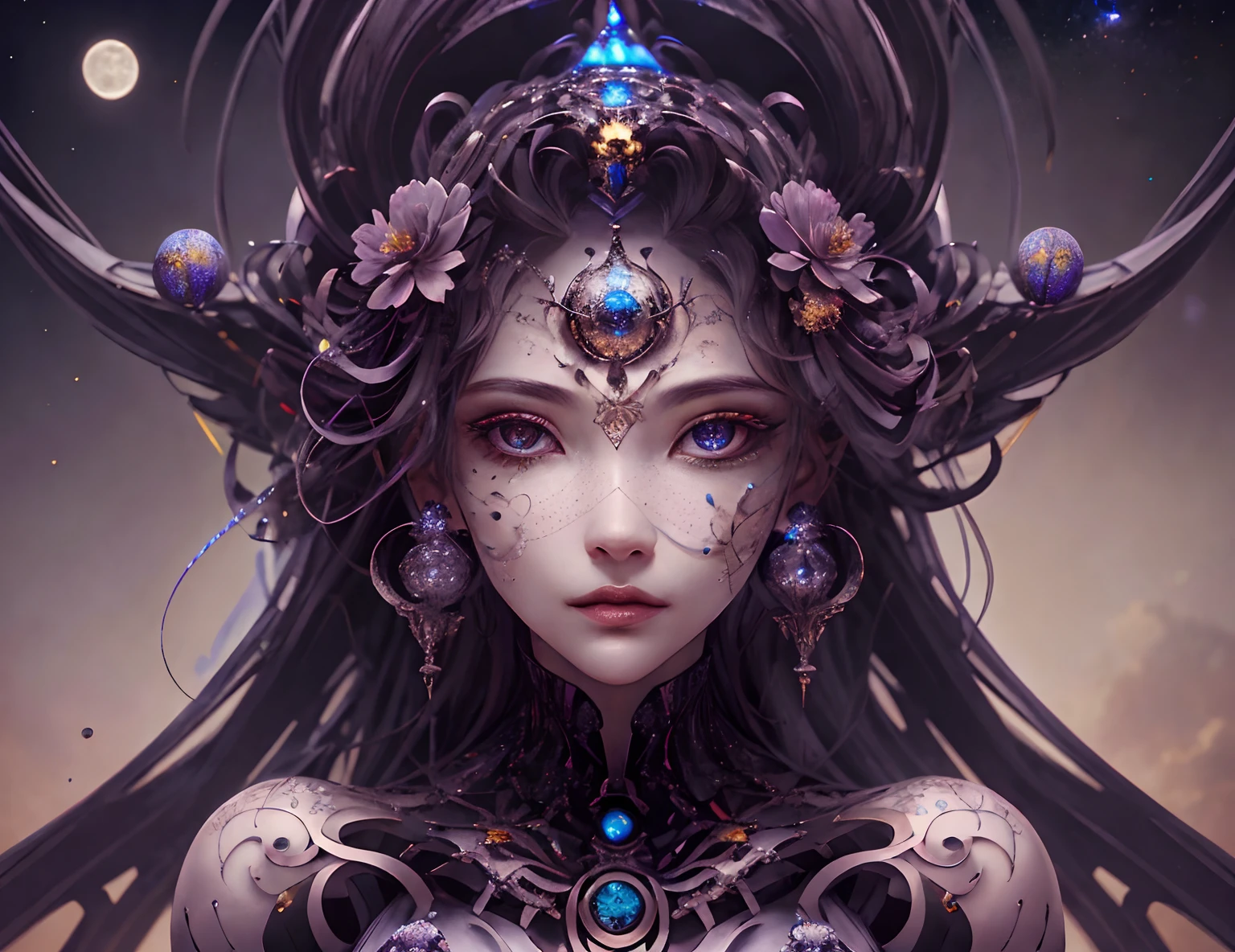 （best qualtiy，ultra - detailed，Most Best Illustration，Best shadow，tmasterpiece，A high resolution，professionalartwork，famousartwork），Detailed eyes，beautidful eyes，closeup cleavage，sci-fy，colored sclera，Robot eyes，face markings，Tattooed with，（fractalized，Fractal eyes），largeeyes，Wide eyes，（Eye focus），sface focus，Cosmic eyes，Space eyes，Close-up of metal sculpture of a woman with a moon in her hair，goddes。extremly high detail，3 d goddess portrait，Extremely detailed footage of the goddess，a stunning portrait of a goddess，Side portrait of the goddess，portrait of a beautiful goddess，Full body close-up portrait of the goddess，hecate goddess，portrait of a norse moon goddess，goddess of space and time, oil shiny masterpiece, side lighting, lighting combination masterpiece