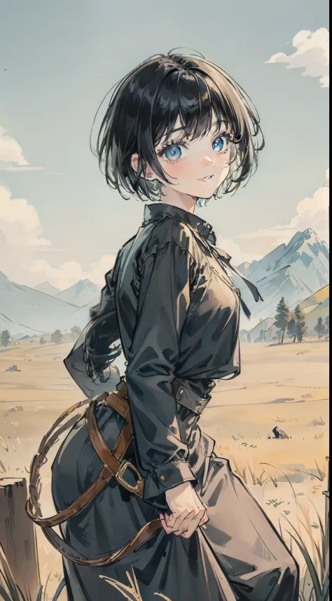 superfine illustration, an_extremely cute and beautiful girl, very detailed beautiful face and eyes, look at viewr, Cowboy Shot, Beautiful black hair, short-cut、bob、Solo, Dynamic,　a smile，Black clothe、Grassland background