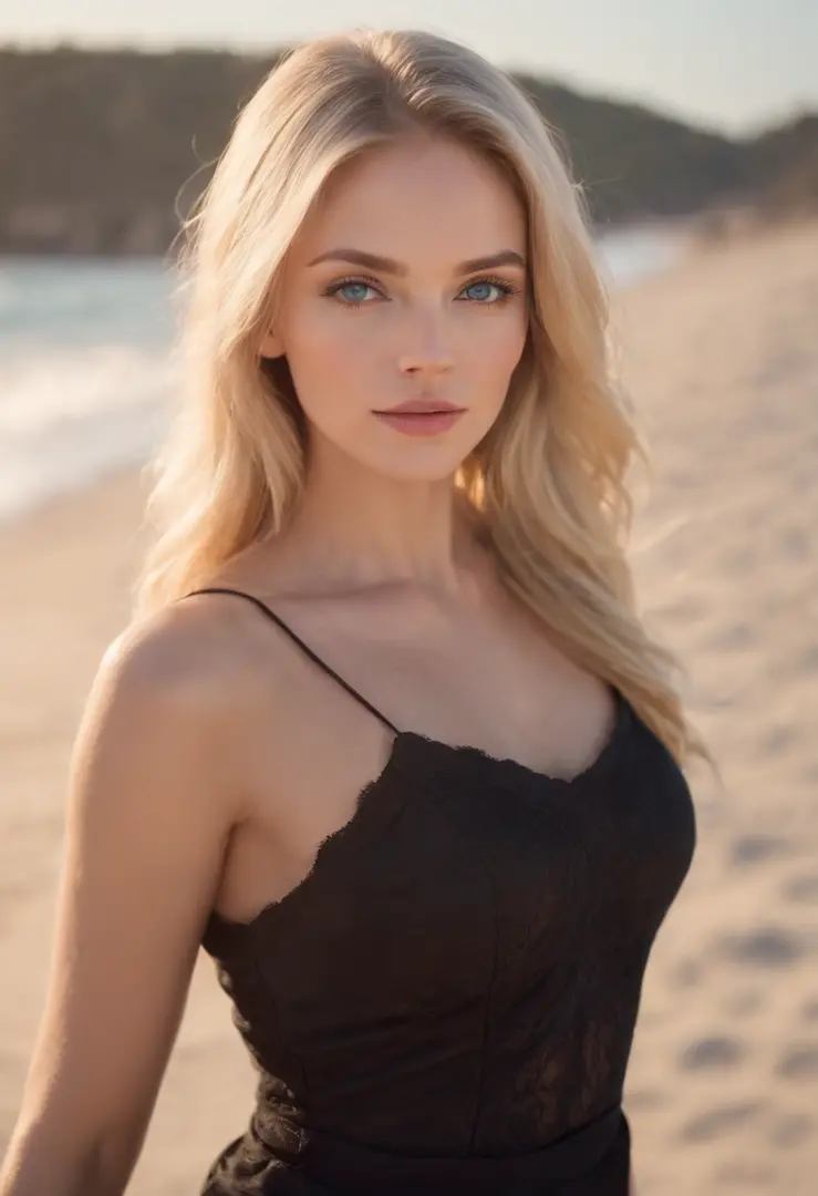 Beautiful 23 year old blonde woman blue eyes perfect body sexy black neckline realistic body buy photo realistic of beautiful wo...
