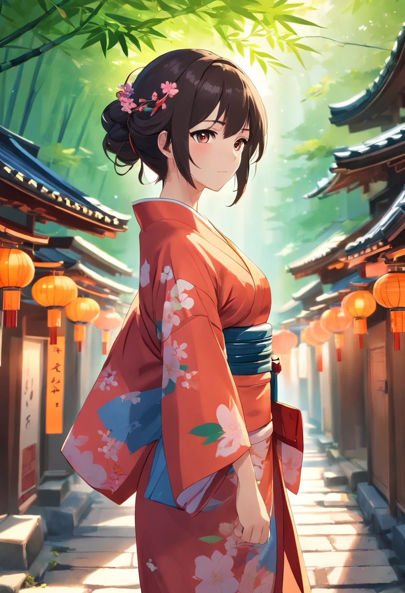 Dark-haired woman in colorful kimono, Trending on CGSTATION, digital art of an elegant,Anime girl in colorful kimono, Fine details. girls' frontline, artwork in the style of guweiz, beautiful alluring anime woman, from girls frontline, guweiz, 2 b, 2b, Detailed Digital Anime Art, elegant cinematic pose, kyoto, Senbon Torii, bamboo forrest, stone pavement, f2.8