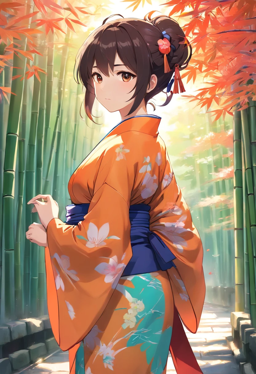 Dark-haired woman in colorful kimono, Trending on CGSTATION, digital art of an elegant,Anime girl in colorful kimono, Fine details. girls' frontline, artwork in the style of guweiz, beautiful alluring anime woman, from girls frontline, guweiz, 2 b, 2b, Detailed Digital Anime Art, elegant cinematic pose, kyoto, Senbon Torii, bamboo forrest, stone pavement, f2.8