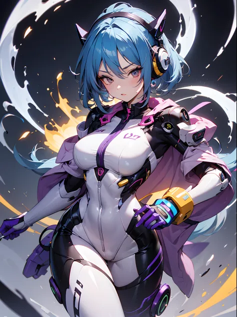 １Beautiful Cat Type Android Girl,Beautiful blue hair,Purple gradient towards the tips of the hair,Mechanical ear protectors like...