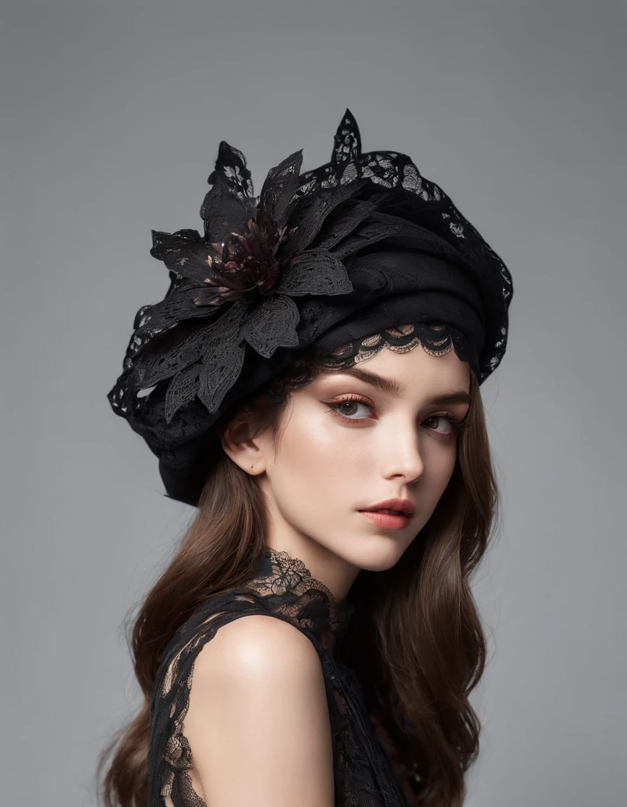 A pretty and very elegant girl wearing a toque cap decorated with large black lace flowers. Her entire face is covered in lace. She wears a loose black lace cocktail dress that hangs over her shoulders. Her skin is very shiny.
Her arms are folded and the fingertips of one hand touch her chin. The background is a beautiful black. The room is dimly lit and she is gently illuminated.
Depth of field is very shallow and the background is blurred.