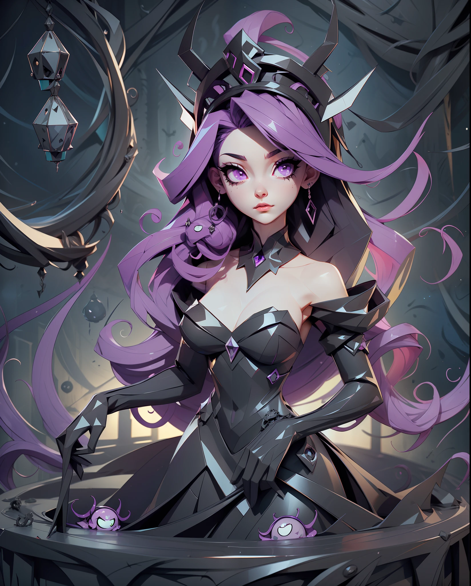 Princess Saturn, deep purple hair, dressed in a ebony black nightmarish dress with tendrils, eerie transparent tentacles, black nightmare star sky, Abyssal Creeper, masterpiece, best quality