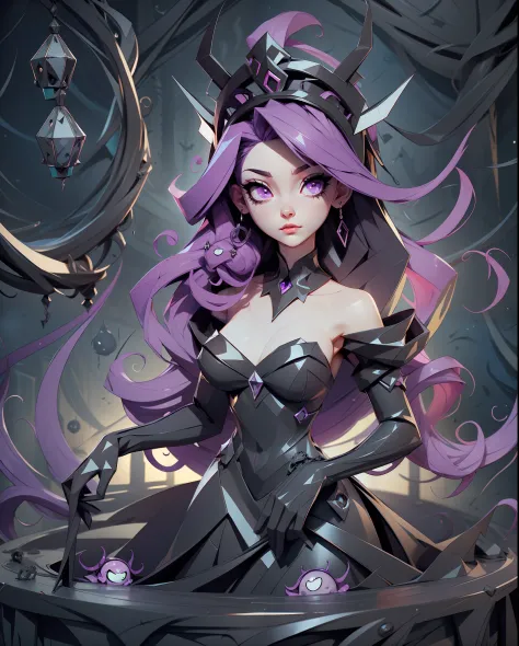 princess saturn, deep purple hair, dressed in a ebony black nightmarish dress with tendrils, eerie transparent tentacles, black ...