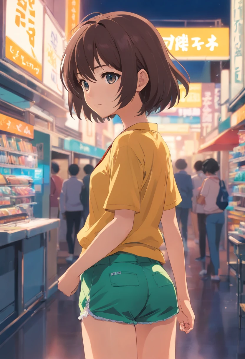 A woman in shorts and a yellow shirt standing in a store - SeaArt AI