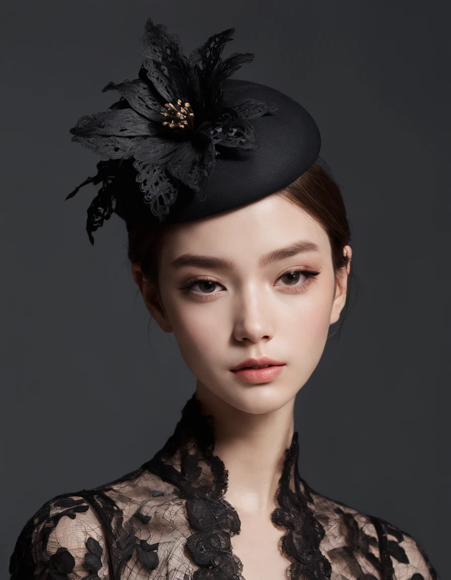 Pretty and very elegant girl wearing a talk cap decorated with big black lace flowers. Her entire face is covered with lace. She wears a loose-fitting black lace cocktail dress that hangs over her shoulders. Her skin is very shiny.
Her arms are folded、The fingertips of one hand touch her chin. The background is beautiful black. The room is dimly lit.、She is gently illuminated.
Very shallow depth of field、the background is blurred.