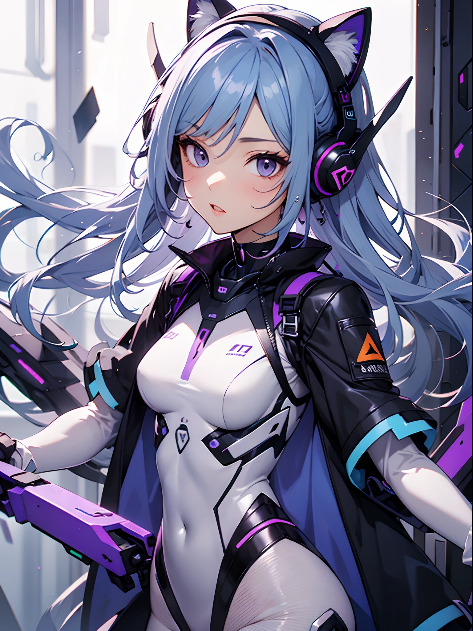 １Beautiful Cat Type Android Girl,Beautiful blue hair,Purple gradient towards the tips of the hair,Rectangular mechanical ear protectors