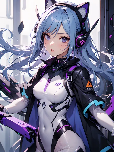 １beautiful cat type android girl,beautiful blue hair,purple gradient towards the tips of the hair,rectangular mechanical ear pro...