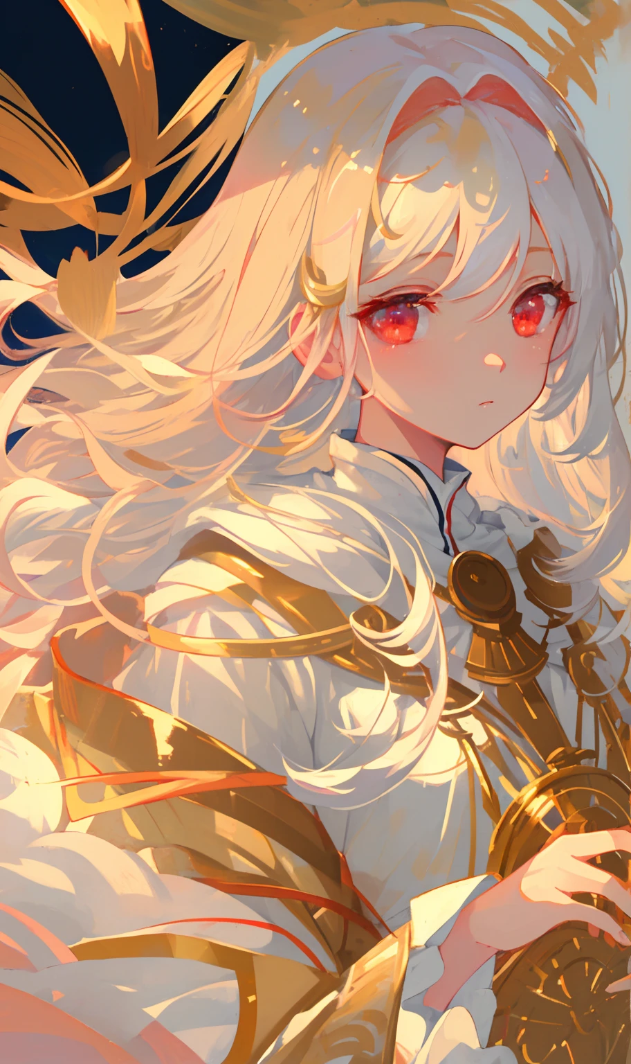 ((soft, smooth, soft colors)), wallpaper, gorgeous, masterpiece, best quality, 1girl, white hair, perfect face, expressive eyes, red eyes, glow,glowing eyes, soft, calm, soft colors, contrast, gold, gold background