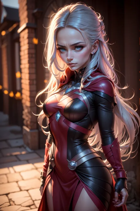 (Nova Iorque: 1.5), (quadrado do tempo: 1.5), Feiticeira Escarlate, whose real name is Wanda Maximoff, is with magical powers and connection to the Avengers. She has a distinctive physical appearance and an iconic costume. Here is a detailed description of...