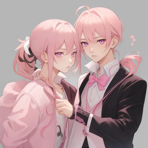 1boy, best quality, exquisite facial features, perfect face, ikemen, shota, {{{light pink eyes}}}, pink hair, low ponytail, simp...