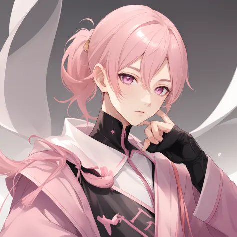 1boy, best quality, exquisite facial features, perfect face, ikemen, shota, {{{light pink eyes}}}, pink hair, low ponytail, simp...