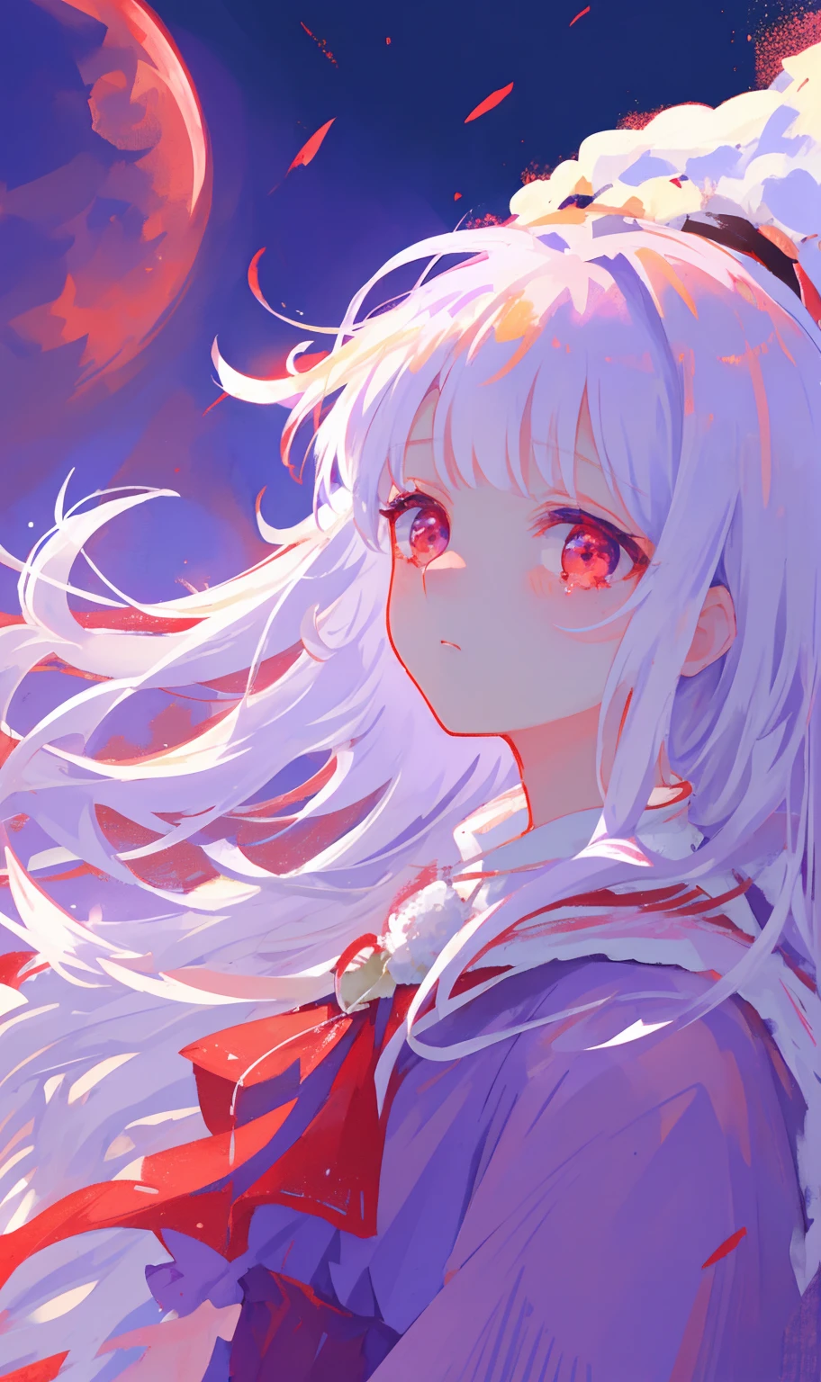 ((soft, smooth, soft colors)), wallpaper, gorgeous, masterpiece, best quality, a girl walking in the snow at night, red moon, BREAK 1girl, white hair, perfect face, expressive eyes, red eyes, glow,glowing eyes, soft, calm, soft colors, contrast, (purple dress), bangs, full moon, feelings, emotions, sorrow, sad, sadness, artistic