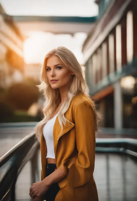 A woman in a black leather jacket and white top is walking down a path -  SeaArt AI