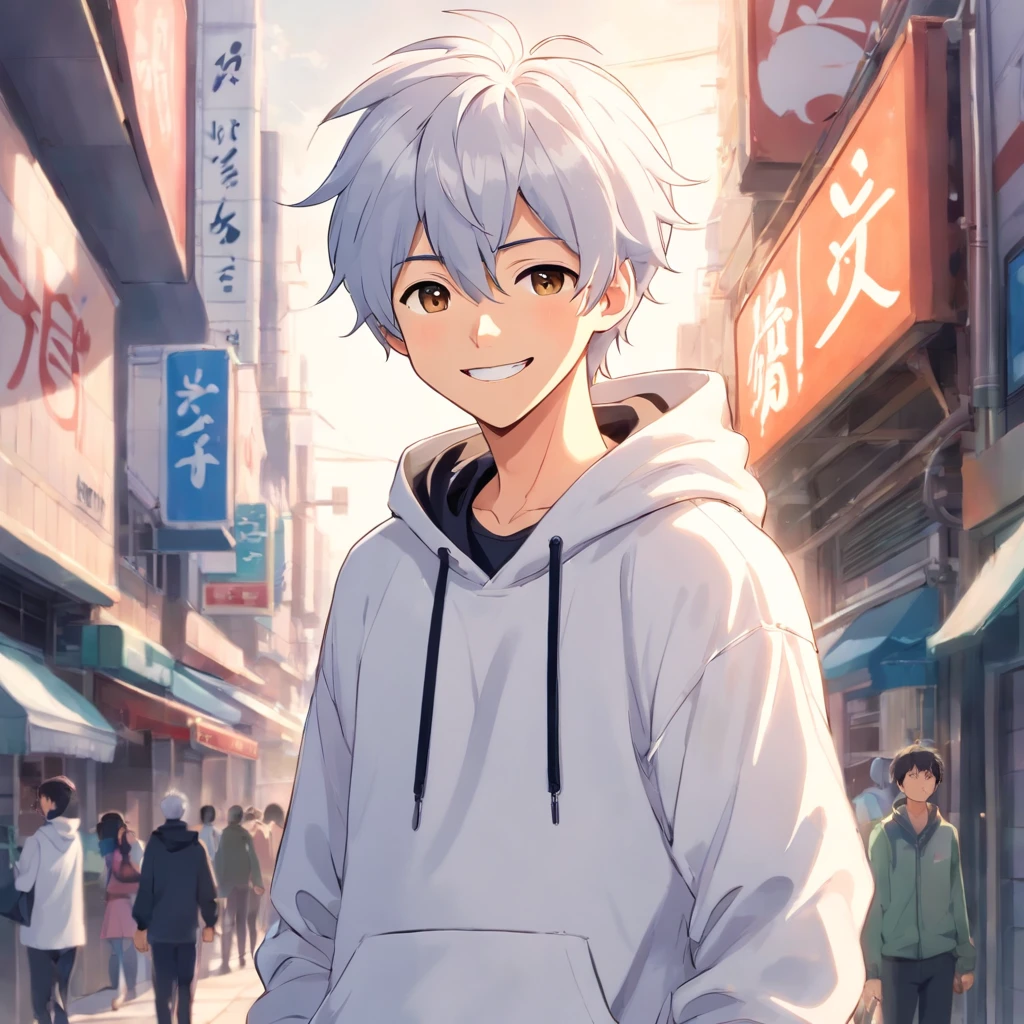 (young man with white silvery hair:1.2, white hoodie, black pants, big smile)