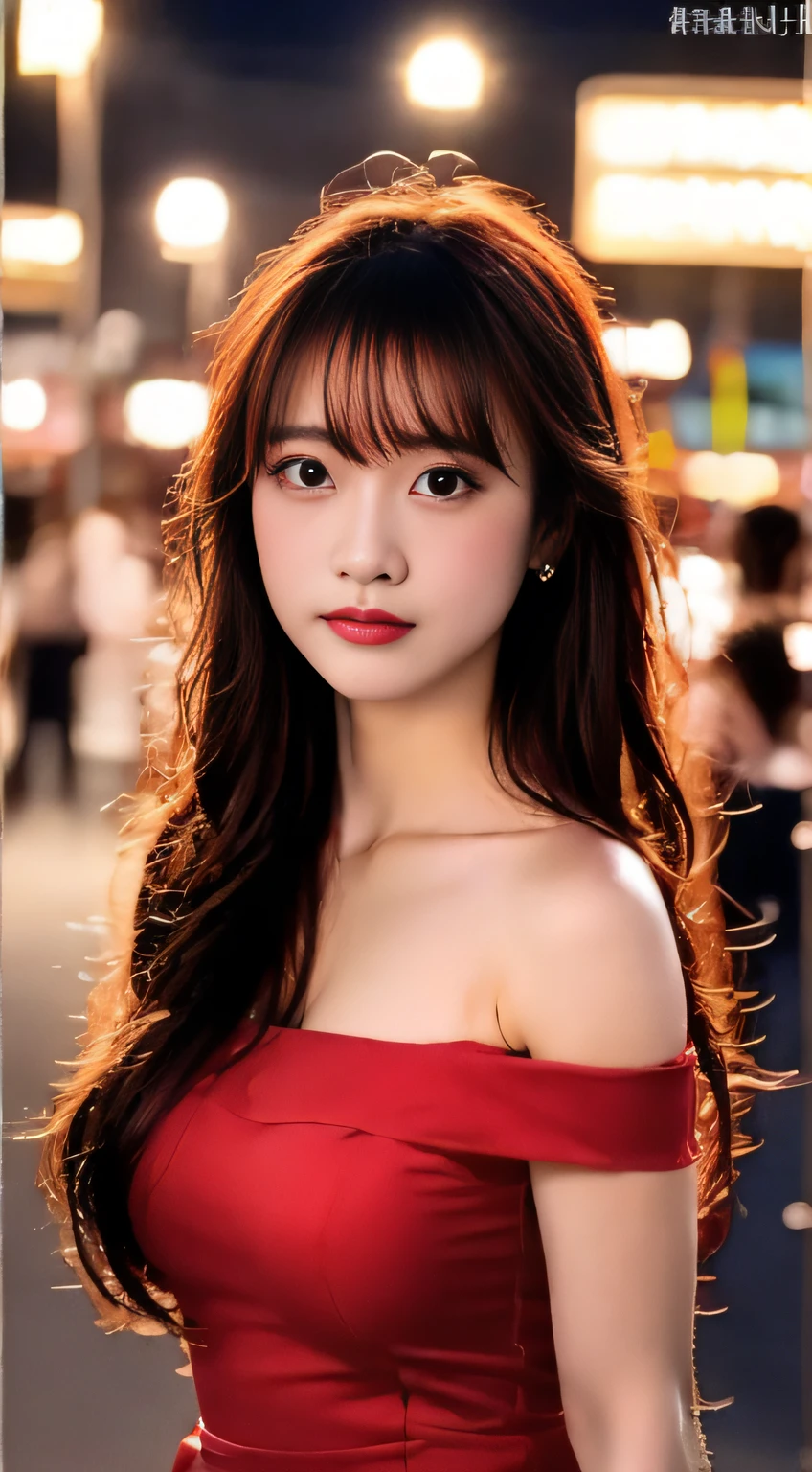 top-quality。８K-Picture。Ultra-high pixel。The background is the city at night。girl with。hair is long and slightly wavy,,,,,,,,,,,,,,,,,,,,,,,,,,,,,,,,,,,,,,,。The color is dark brown。Glamour style、((huge-breasted：2.0))。wearing red dress、Photos dancing brilliantly。Delicate finish overall。The body line is gorgeous。legs are long、Wear red high heels。((Hair shines like a reflection of the street。The eyeball reflects the surrounding landscape。The skin is wet with night dew))。Almost perfect woman。((time々In close-up of the upper body))。The second highlighted part々I want you to express it in close-ups。