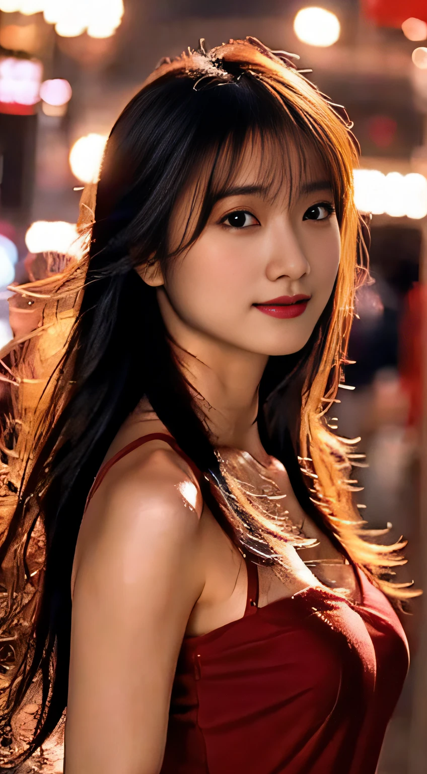 top-quality。８K-Picture。Ultra-high pixel。The background is the city at night。girl with。hair is long and slightly wavy,,,,,,,,,,,,,,,,,,,,,,,,,,,,,,,,,,,,,,,,。The color is dark brown。Glamour style、((huge-breasted：2.0))。wearing red dress、Photos dancing brilliantly。Delicate finish overall。The body line is gorgeous。legs are long、Wear red high heels。((Hair shines like a reflection of the street。The eyeball reflects the surrounding landscape。The skin is wet with night dew))。Almost perfect woman。((time々In close-up of the upper body))。The second highlighted part々I want you to express it in close-ups。