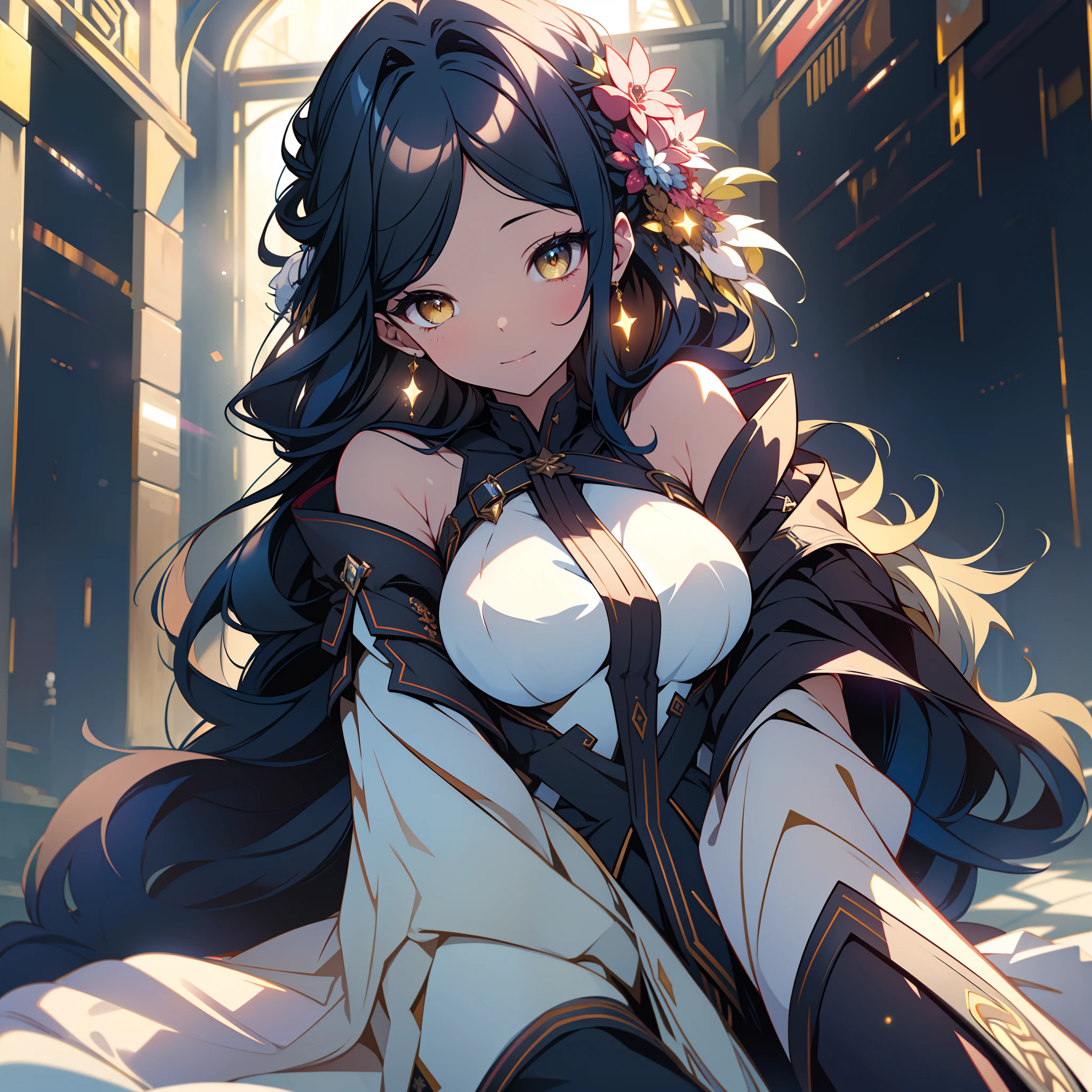 an alone mature girl with long blue and yellow eyes sitting on the bed and spread leg , night, High detail mature face, tie hair on the left side, golden eyes, bare leg, bare shoulder, white noble priest dress, high res, ultra sharp, 8k, masterpiece, smiling, fantasy world, magical radiance background ((Best quality)), ((masterpiece)), 3D, HDR (High Dynamic Range),Ray Tracing, NVIDIA RTX, Super-Resolution, Unreal 5,Subsurface scattering, PBR Texturing, Post-processing, Anisotropic Filtering, Depth-of-field, Maximum clarity and sharpness, Multi-layered textures, Albedo and Specular maps, Surface shading, Accurate simulation of light-material interaction, Perfect proportions, Octane Render, Two-tone lighting, Wide aperture, Low ISO, White balance, Rule of thirds,8K RAW, Aura, masterpiece, best quality, Mysterious expression, magical effects like sparkles or energy, flowing robes or enchanting attire, mechanic creatures or mystical background, rim lighting, side lighting, cinematic light, ultra high res, 8k uhd, film grain, best shadow, delicate, RAW, light particles, detailed skin texture, detailed cloth texture, beautiful face, 
(masterpiece), best quality, expressive eyes, perfect face,