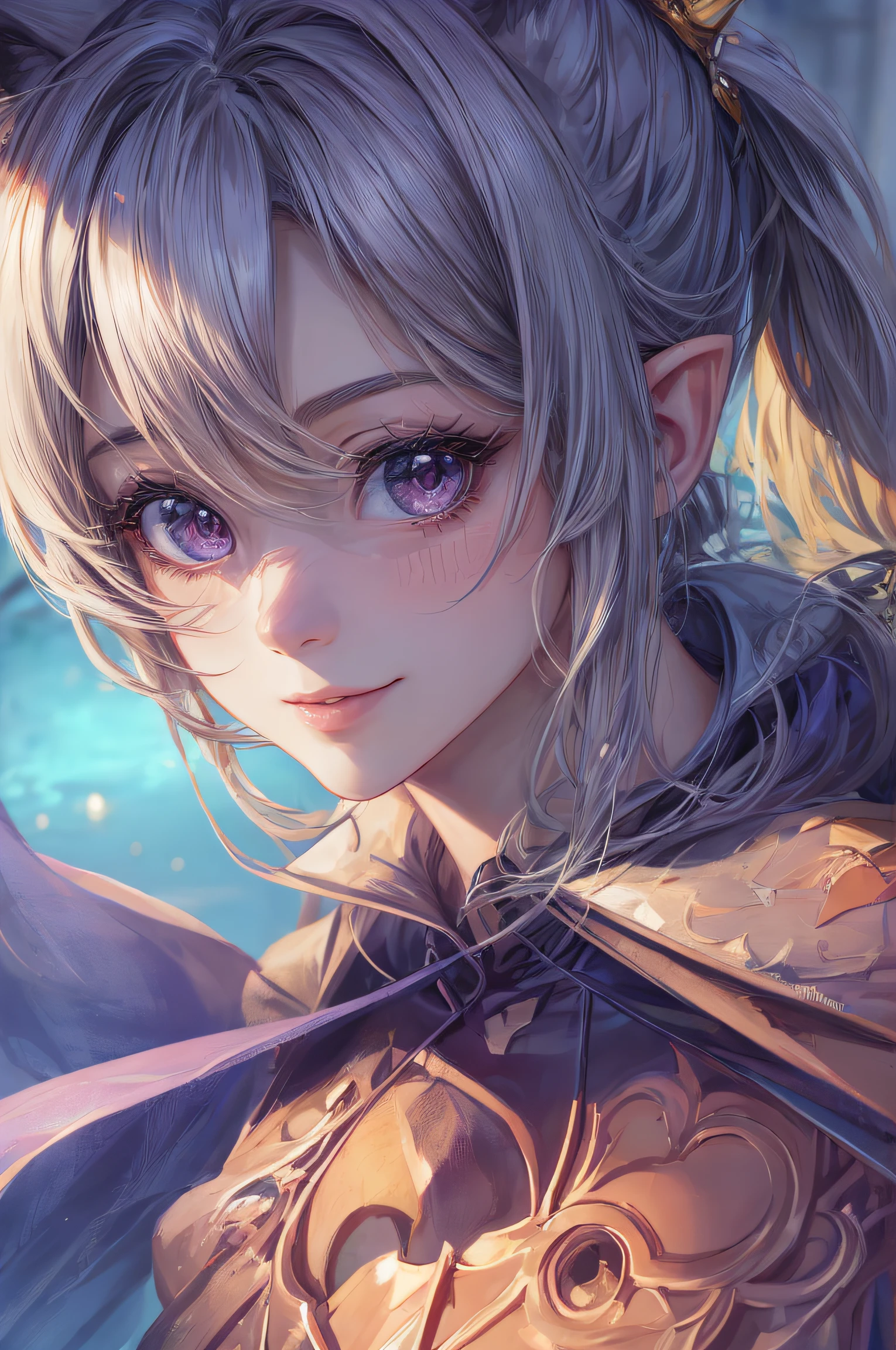 The girl leans over and looks at the camera with beautiful purple eyes and an attractive smile, mouth open, White Teeth, Cute little nose, Beautiful long elven ears, portrait of an elf, Portrait of a very beautiful elf woman, green hair, Stars in her fixed eyes, breathtaking rendering, extreme closeup, Sweet girl, attractive anime girl, beautiful anime girl, Cute beautiful anime woman, detailed digital anime art, beautiful anime girl, beautiful anime girl, Anime with small details, Best Quality, Masterpiece, Ultra-detailed, Beautiful, hight resolution, Original,CG 8K ультрареалистичный, perfect artwork, beatiful face, Face Clean, Skin, hyper realistic, Ultra Detailed, A detailed eye, dramatic  lighting, (Realistic) Realistic, Full HD, Best Quality, Best Quality, Beautiful lighting, (8k wallpaper of extremely detailed CG unit), High Details, sharp-focus, The art of dramatic and photorealistic painting, beautiful smile, Incredibly detailed face, hyper detailed face, A face with a lot of detail, Perfect nose, gorgeous smile, A star in the eye, Perfect eye shadow, wink, Hyper-Detailed Eyes, Hyper-detailing of eyebrows, Hyper-detailed eyelashes, little chest, You can see the chest