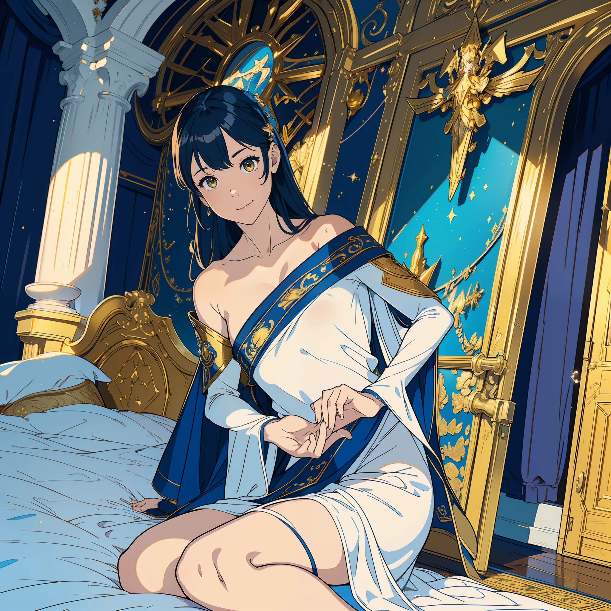 a girl with long blue and yellow eyes sitting on the bed and spread leg , night, High detail mature face, tie hair on the left side, golden eyes, bare leg, bare shoulder, white noble priest dress, high res, ultra sharp, 8k, masterpiece, smiling, fantasy world, magical radiance background ((Best quality)), ((masterpiece)), 3D, HDR (High Dynamic Range),Ray Tracing, NVIDIA RTX, Super-Resolution, Unreal 5,Subsurface scattering, PBR Texturing, Post-processing, Anisotropic Filtering, Depth-of-field, Maximum clarity and sharpness, Multi-layered textures, Albedo and Specular maps, Surface shading, Accurate simulation of light-material interaction, Perfect proportions, Octane Render, Two-tone lighting, Wide aperture, Low ISO, White balance, Rule of thirds,8K RAW, Aura, masterpiece, best quality, Mysterious expression, magical effects like sparkles or energy, flowing robes or enchanting attire, mechanic creatures or mystical background, rim lighting, side lighting, cinematic light, ultra high res, 8k uhd, film grain, best shadow, delicate, RAW, light particles, detailed skin texture, detailed cloth texture, beautiful face, 
(masterpiece), best quality, expressive eyes, perfect face,