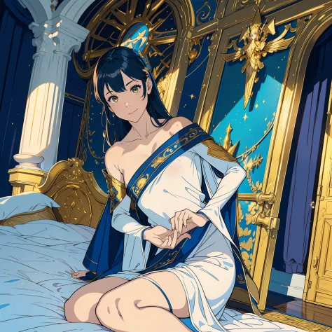 a girl with long blue and yellow eyes sitting on the bed and spread leg , night, High detail mature face, tie hair on the left s...