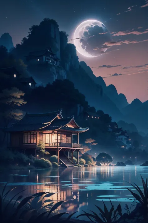 night scene with some house asian, vietnam, viet nam, ha giang, moon, lake in the foreground, calm night, green and blue, digital illustration, 4k highly detailed digital art, night scenery, anime art wallpaper 4k, anime art wallpaper 4 k, 4k detailed digi...