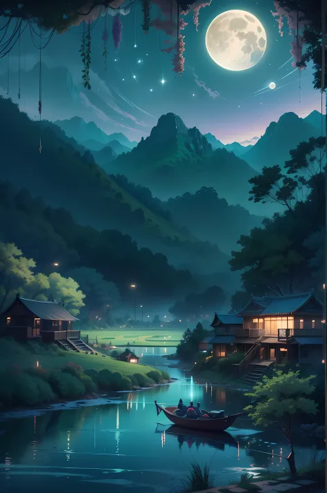 night scene with some house asian, vietnam, viet nam, ha giang, moon, lake in the foreground, calm night, green and blue, digital illustration, 4k highly detailed digital art, night scenery, anime art wallpaper 4k, anime art wallpaper 4 k, 4k detailed digi...