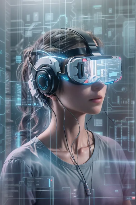 **person wearing vr glasses in a cybernetic ambient, watching a screen, daylight, face reflected on the screen as a mirror, reflected image transparent, reflected face with brain synapses, digital numbers, software code, photorealistic, light colors, high ...