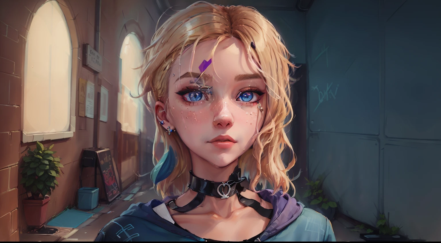 There is a cartoon of a woman with blonde hair and a choker, estilo de arte Loish, retrato detalhado do caractere, Closeup da arte do personagem, cel - estilo de arte sombreado, Inspirado em Loish, Loish |, retrato de personagem de mim, closeup retrato de personagem, Retrato do conceito do personagem de mim, Retrato Lofi, um retrato de personagem, Personagem close up, retrato de personagem de closeup