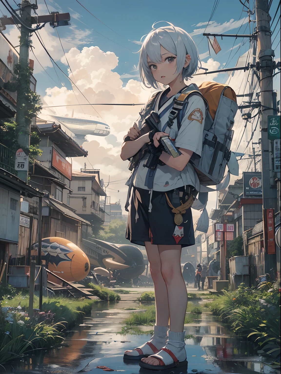 Anime girl with backpack standing on street in urban area - SeaArt AI