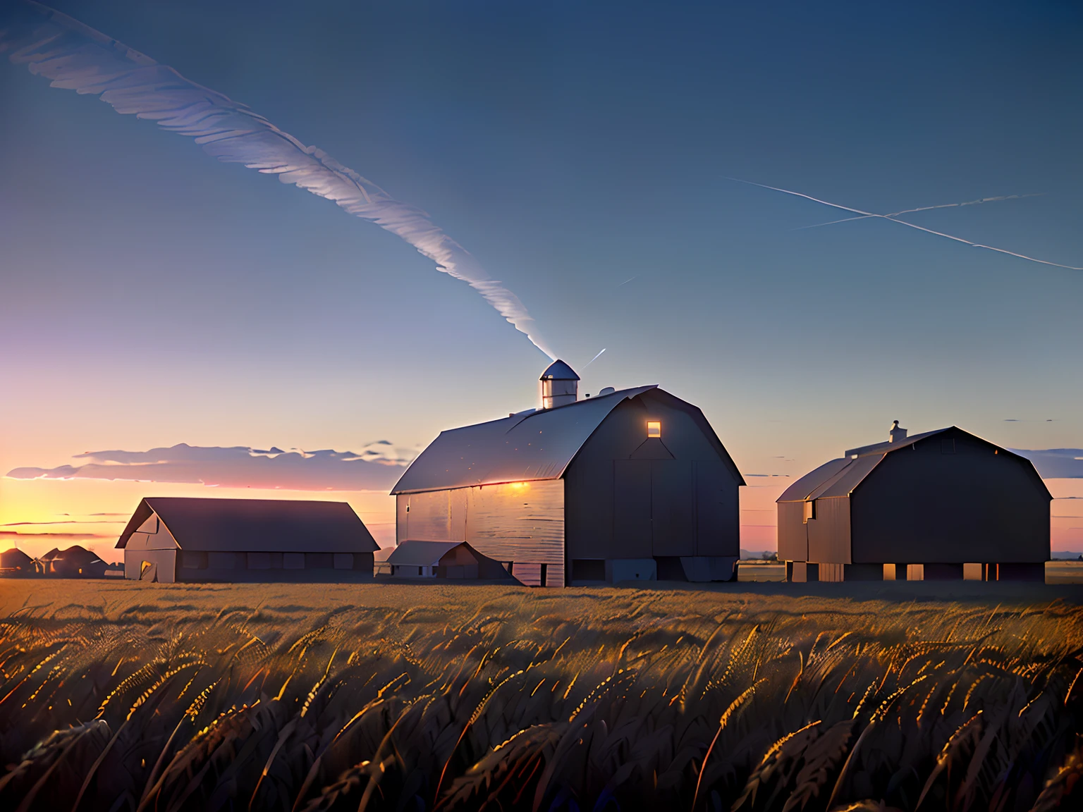 Surrealista, Un campo de cereales al otro lado de Kansas, Detalles dorados por vetas, El cielo es azul profundo, Casi morado porque es hora del atardecer., En el medio del campo hay tres edificios y un granero.