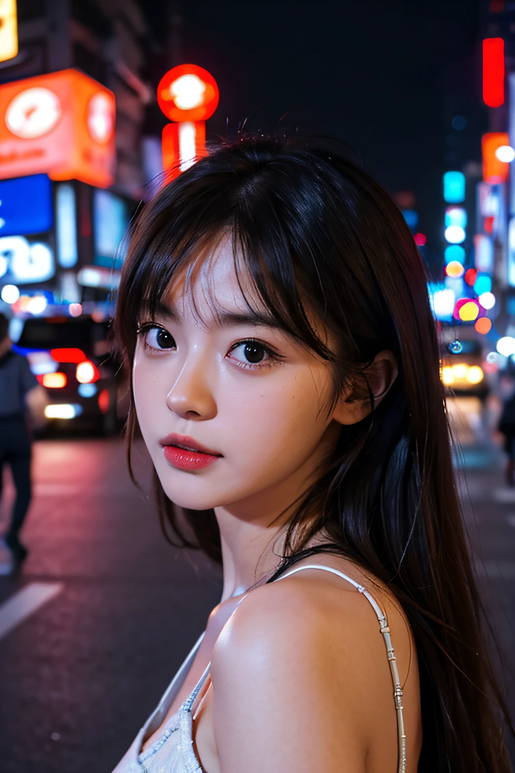 1girl, Tokyo street,night, cityscape,city lights, upper body,close-up, 8k, RAW photo, best quality, masterpiece,realistic, photo-realistic,