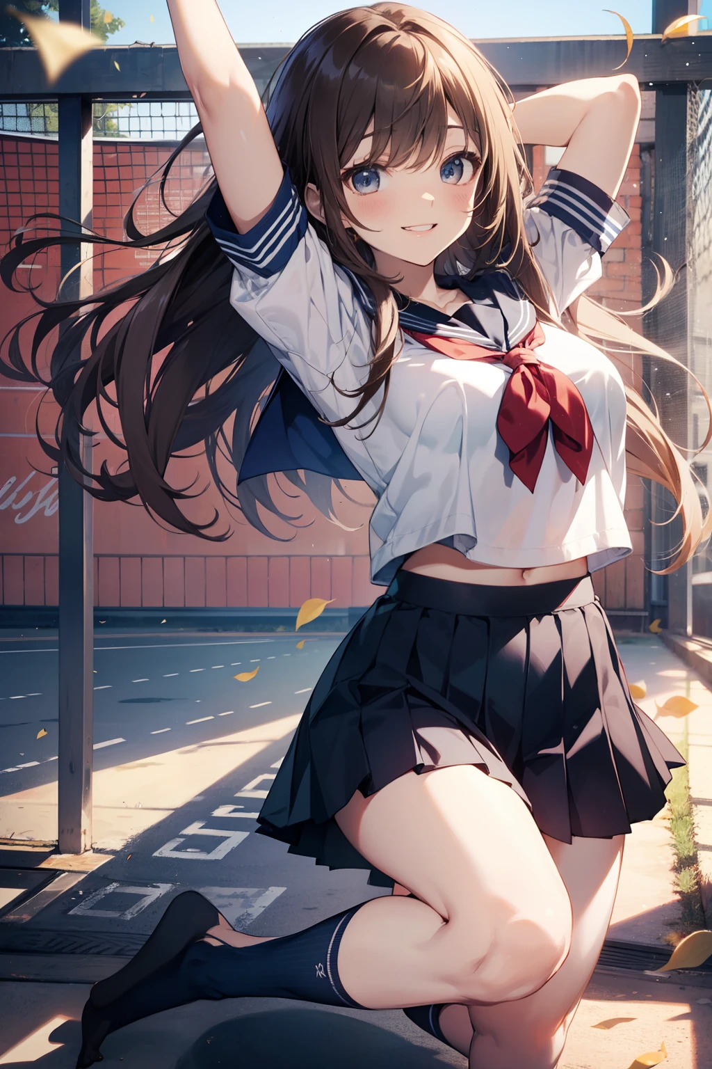 top-quality、Full limbs、complete fingers、Slender beauty、straight haired、Brown hair、Longhaire、Raw feet、Dark blue socks、a sailor suit、Dark blue mini skirt、Beautiful Large Breasts、A big smile、sexypose、School sports ground、Right hand extended upwards、Jump with your knees wrapped around your knees