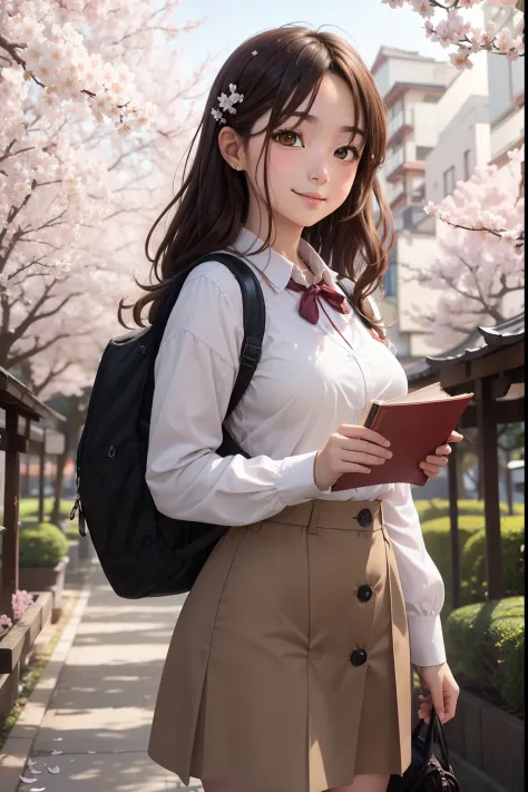 Tsugumi Shibata (Brown Eyes . light Brown Hair, ) , smiling, wearing a school uniform, standing in a cherry blossom garden surro...
