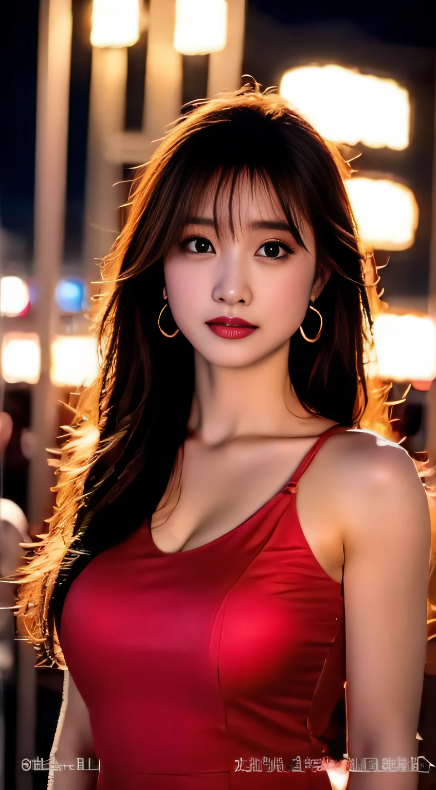 top-quality。８K-Picture。Ultra-high pixel。The background is the city at night。girl with。hair is long and slightly wavy,,,,,,,,,,,,,,,,,,,,,,,,,,,,,,,,,,,,,,,,,,,。The color is dark brown。Glamour style、((huge-breasted：1.8))。wearing red dress、Photos dancing brilliantly。Delicate finish overall。The body line is gorgeous。legs are long、Wear red high heels。((Hair shines like a reflection of the street。The eyeball reflects the surrounding landscape。The skin is wet with night dew))。Almost perfect woman。((time々In close-up of the upper body))。The second highlighted part々I want you to express it in close-ups。