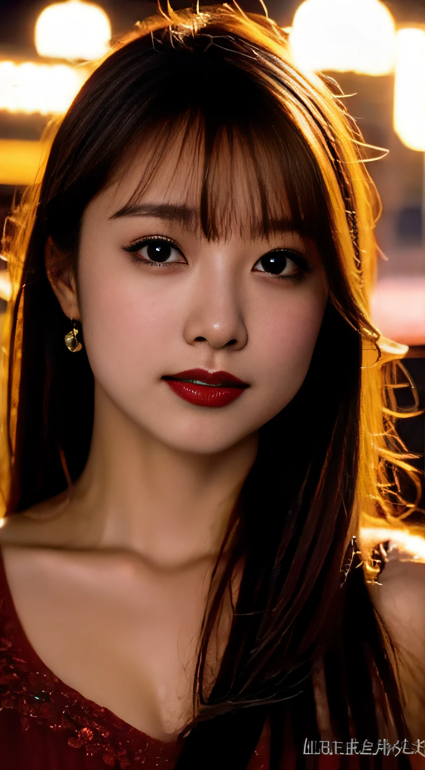 top-quality。８K-Picture。Ultra-high pixel。The background is the city at night。girl with。hair is long and slightly wavy,,,,,,,,,,,,,,,,,,,,,,,,,,,,,,,,,,,,,,,,,,,,,。The color is dark brown。Glamour style、((huge-breasted：1.8))。wearing red dress、Photos dancing brilliantly。Delicate finish overall。The body line is gorgeous。legs are long、Wear red high heels。((Hair shines like a reflection of the street。The eyeball reflects the surrounding landscape。The skin is wet with night dew))。Almost perfect woman。((time々In close-up of the upper body))。The second highlighted part々I want you to express it in close-ups。