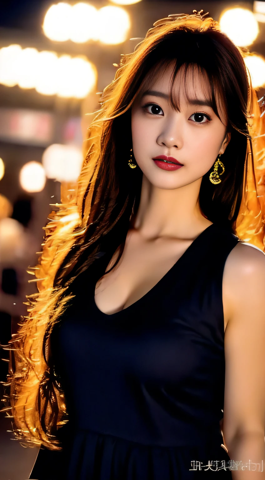 top-quality。８K-Picture。Ultra-high pixel。The background is the city at night。girl with。hair is long and slightly wavy,,,,,,,,,,,,,,,,,,,,,,,,,,,,,,,,,,,,,,,,,,,,,,。The color is dark brown。Glamour style、((huge-breasted：1.8))。wearing red dress、Photos dancing brilliantly。Delicate finish overall。The body line is gorgeous。legs are long、Wear red high heels。((Hair shines like a reflection of the street。The eyeball reflects the surrounding landscape。The skin is wet with night dew))。Almost perfect woman。((time々In close-up of the upper body))。The second highlighted part々I want you to express it in close-ups。