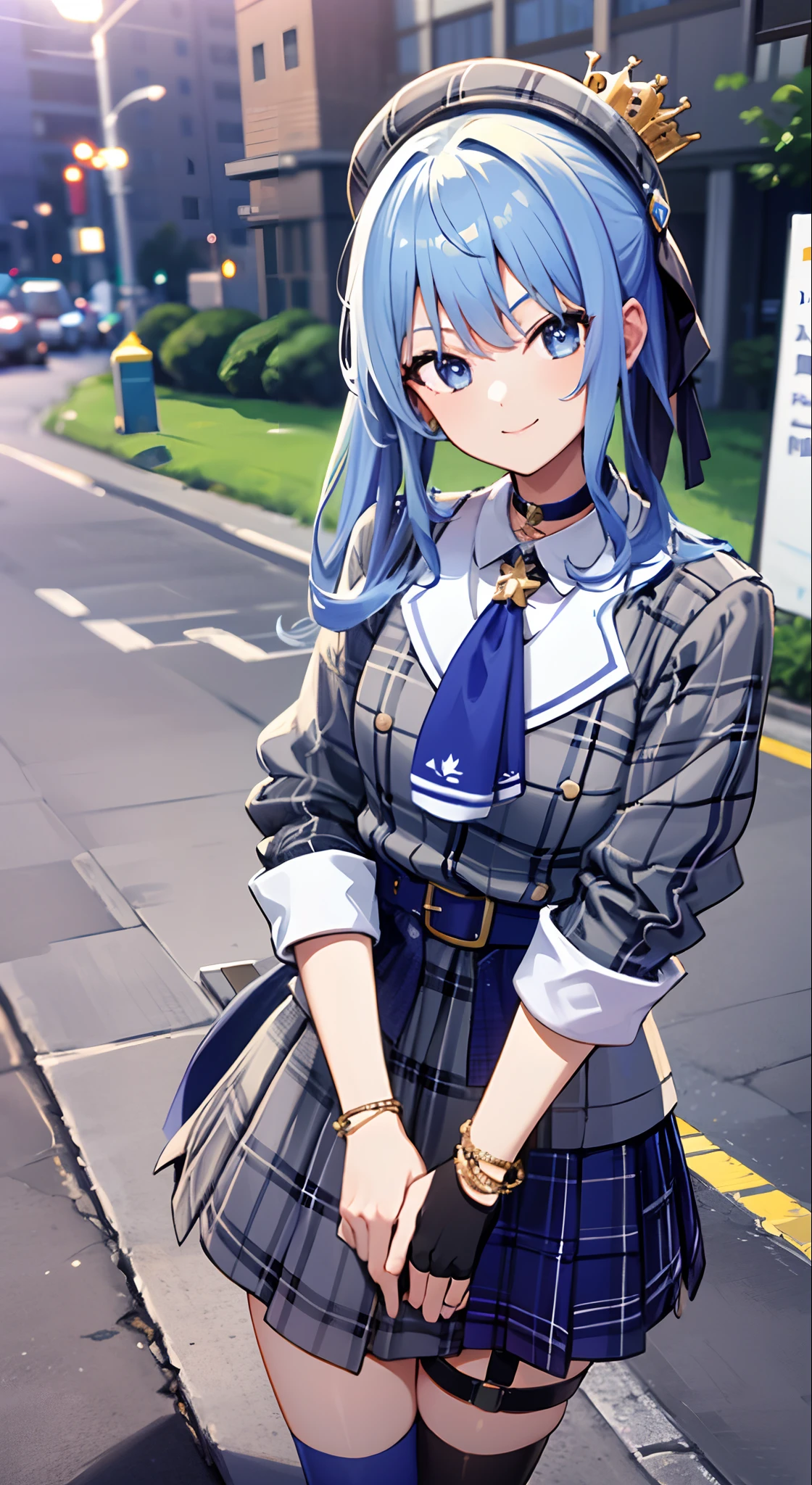 ​masterpiece, top-quality, Hi-Res, sui1, 1girl in, solo, side poneyTail, Hoshimachi Suisei, Fingerless gloves, Single thigh, jewely, single sock, Thigh strap, A bracelet, Blue socks, buttoning, single kneehigh, Plaid dresses, Blue choker, Blue belt, plaid skirts, mini crown, Gray skirt, Blue Ascot, long-sleeve, Plaid jacket, cowboy  shot,A smile、blue hairs