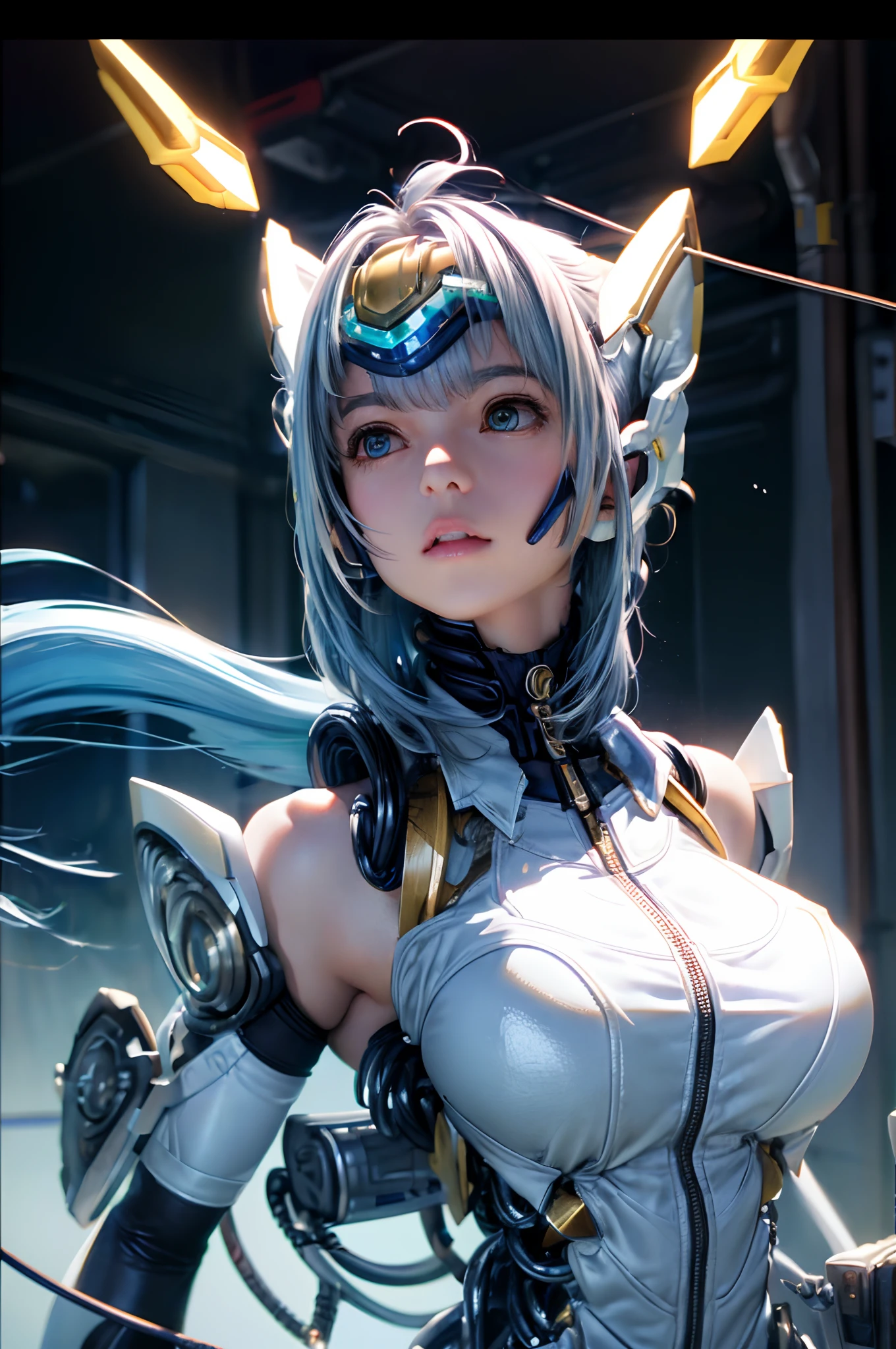 top-quality、​masterpiece、超A high resolution、(Photorealsitic:1.4)、女の子1人、Light blue hair、Straight hair, shiny and clean hair、White shiny skin、Sexy Cyberpunk Girl、((super realistic details))、Shadow、octan render、ultrasharp、hyperdetailed face、Fiberglass、Luminous tube、highly intricate detail、Realistic light、CGSoation Trends、((Golden Eyes))、(Facing the camera)、neon details、Mechanical limbs、Mechanical vertebrae attached to the back、mechanical cervical attaching to neck、Wires and cables connecting to the head、cosmic background、Rat trail section、((valkyrie))、((Beam Cannon))